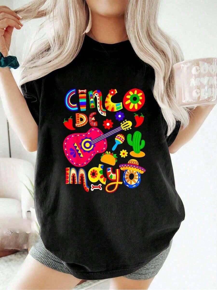Cool Casual T-Shirt For Cinco De Mayo, Viva Mexico, Mexican Independence Day, Women's T-Shirt With Flag, Short Sleeve, Round Neck, Cotton, For Summer Fashion. - 黑色 3 - 查看 1