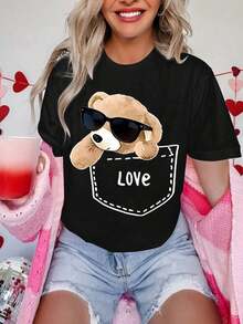 Camiseta con Estampado de Osito de Peluche con Corazón, Gafas de Sol Modernas, Camiseta de Osito de Peluche Estilo Retro, Ropa Linda para el Día de San Valentín, Ropa Linda Adecuada par - Negro - Ver 2