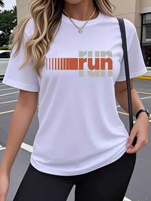 Camiseta deportiva de manga corta para mujer, estilo athleisure, de una sola pieza, para primavera/verano, con patrones geométricos de moda, diseños creativos artísticos y estampados de letras populares. Transpirable, elástica, de cuello redondo, adecuada para un uso cómodo al aire libre en primavera, verano y otoño. Camiseta de cuello redondo, estilo Y2K, holgada, casual, sencilla y a la moda, suave, estampada, transpirable y cómoda, camiseta deportiva de manga corta, elegante para fiestas, ideal para actividades de fitness y ocio, perfecta como regalo para las vacaciones. Ropa casual de gimnasio que absorbe la humedad. - Blanco - Ver 1