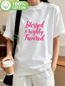 Camiseta de manga corta con estampado "Blessed & Highly Favored" para mujer, de la marca Cozy Comfy Lounge, estilo casual deportivo, cuello redondo, tela de algodón puro, adecuada para Y2K, diseño sencillo y moderno, ideal para uso diario y desplazamientos informales. Disponible en colores negro y blanco, cinco tallas, apta para todas las estaciones, lavable a máquina, ropa cómoda y relajada para el hogar. - Blanco - Ver 11