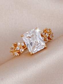 1pc Cubic Zirconia Inlaid Sparkling Ring, Suitable For Women's Daily Wear, Engagement, Wedding - Yellow Gold - View 7