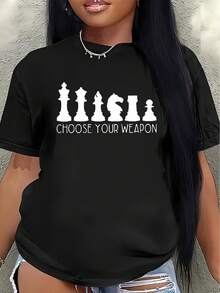 Lightweight And Durable Short-Sleeved T-Shirt With A Chess Piece Design, Perfect For Casual Outings At Home, In The Office, Or At A Coffee Shop. Women's Blouses > Clothing - 黑色 - 查看 1