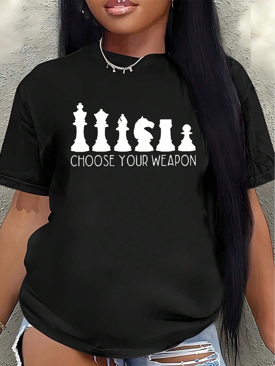 Lightweight And Durable Short-Sleeved T-Shirt With A Chess Piece Design, Perfect For Casual Outings At Home, In The Office, Or At A Coffee Shop. Women's Blouses > Clothing - 黑色 - 查看 1