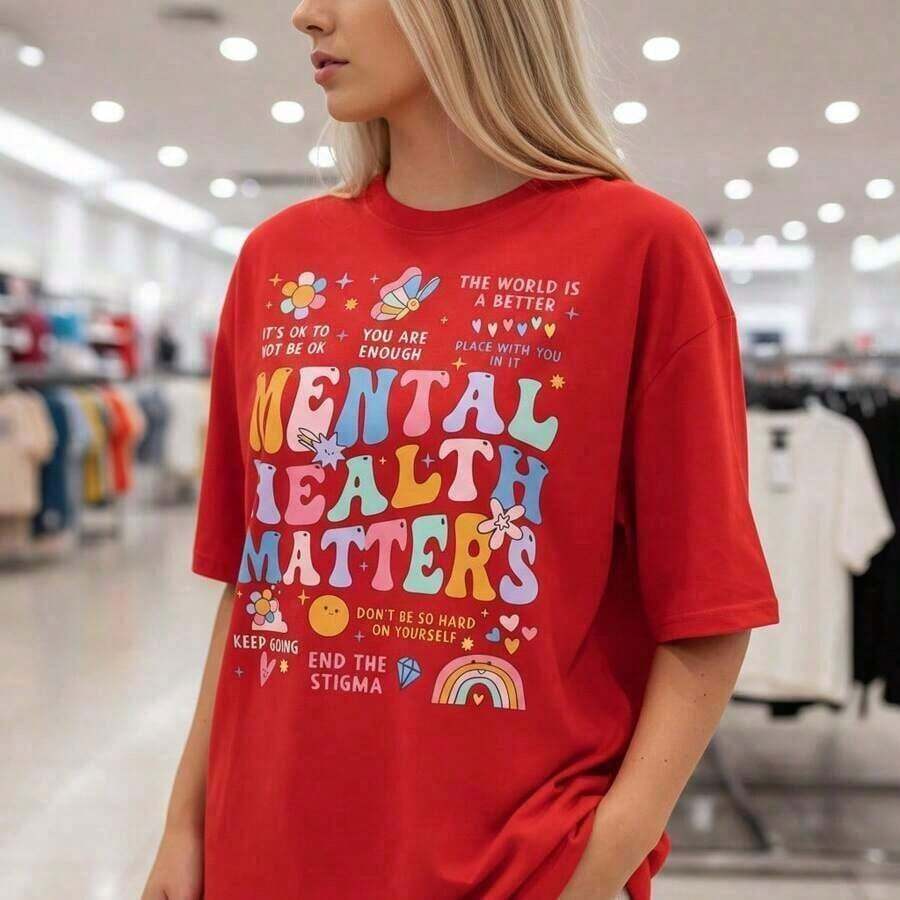 Camiseta Casual de Algodón para Mujer con Estampado Gráfico de "La Salud Mental Importa", Camiseta de Manga Corta Casual con Frases Inspiradoras, Estampado Colorido, Corte Holgado, Material de Algodón Suave, Uso Diario, Camiseta de Concientización sobre la Salud Mental | Diseño Exquisito | Suelto y cómodo | Fácil de Combinar | Moda - Rojo - Ver 1