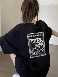 Women's Clothing: Loose And Comfortable Short-Sleeved T-Shirt With Japanese Letter Print, Versatile Casual Top For Women, Women's Shirts For Spring/Summer. - 黑色 - 查看 4
