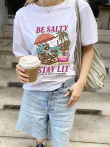 Camiseta gráfica de playa con diseño de mapache para mujer, camiseta divertida con versículo cristiano, top de manga corta holgado de estilo retro costero, camiseta de cuello redondo y hombros caídos de talla grande, ropa de calle cómoda de verano para vacaciones, uso diario, regalo para creyentes cristianos. - Blanco - Ver 6