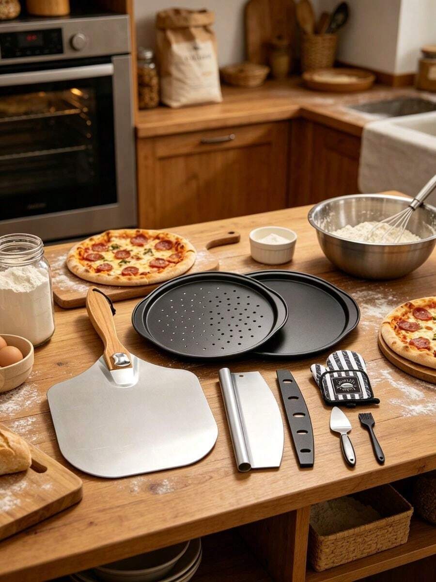 TAIMASI Pizza Stone Set For Oven & Grill – Heat Resistant Baking Stone With Peel Paddle & Cutter For Homemade Pizza Baking, Kitchen Essentials - 黑色 - 查看 1