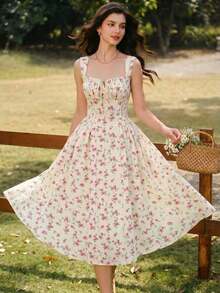 Women's Elegant Vintage Dress With Pockets, Featuring A Ruched Bodysuit With A Tiny Floral Print, Spaghetti Straps, And A Casual Design Suitable For Parties, Vacations, Summer Wear, Prom, Birthdays, Weddings, As A Wedding Guest Dress, Or A Spring Dress. - 紅色 - 查看 12