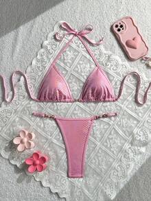 Snake Skin Print Backless Lace-Up Swimwear, Sexy Backless Thong Bikini For Beach Holiday, Summer Vacation - Hot Pink - View 8