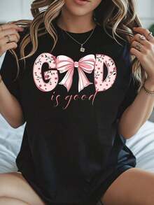 TrendyGod Is Good T-Shirt With Floral Design And Pink Bow For Women, Casual Loose Fit, Comfortable Cotton T-Shirt With Christian Statement Of Faith For Everyday Wear - 黑色 - 查看 6