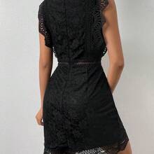 Lunessa Guipure Lace Overlay Mock Neck Scallop Trim Dress - azul real - Ver 3