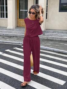 Conjunto de 2 piezas de chaleco y pantalones a cuadros casuales de vacaciones para mujer - Burdeos - Ver 2