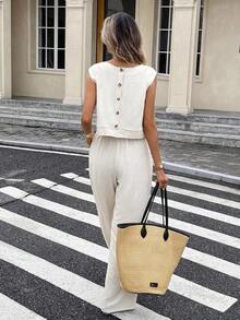 Conjunto de 2 piezas de chaleco y pantalones a cuadros casuales de vacaciones para mujer - Albaricoque - Ver 6