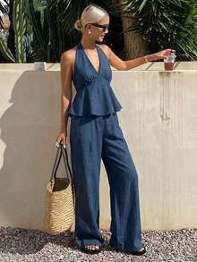Conjunto de 2 piezas de top de tirantes finos a rayas y pantalones casuales de verano para mujer, conjunto de prendas de estar en casa - Azul marino 4 - Ver 2