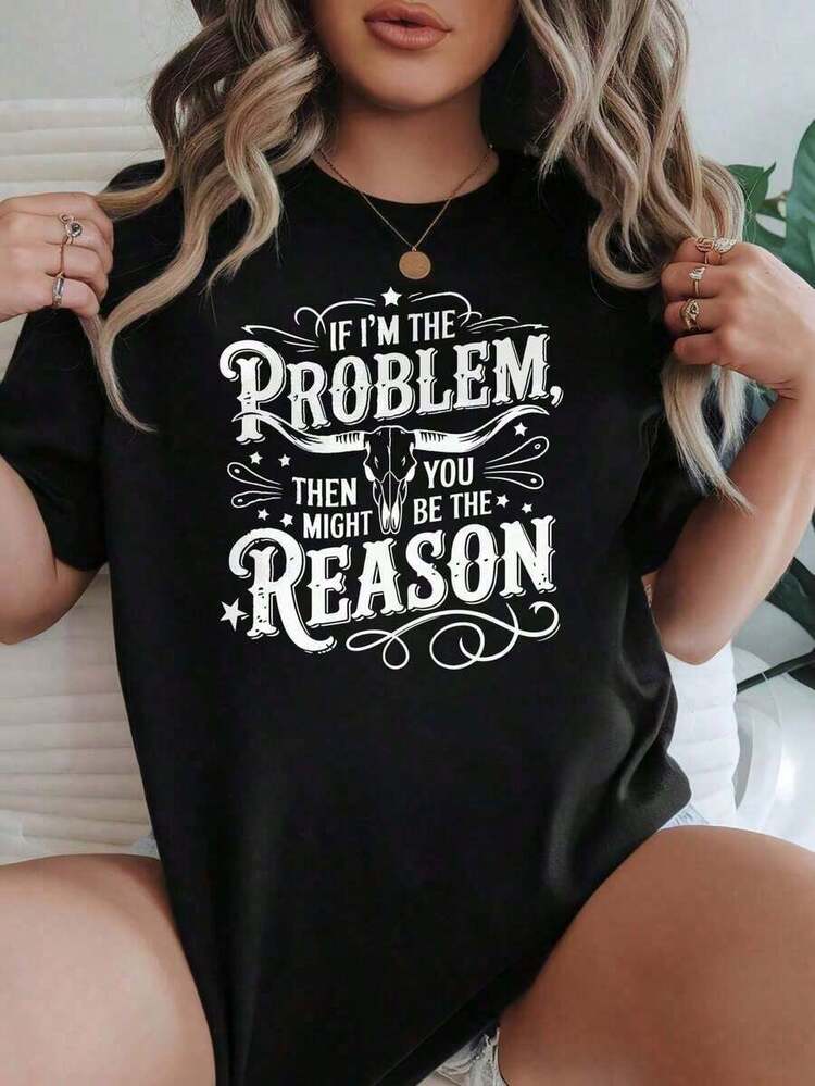 1 pieza [Camiseta Deportiva] Camiseta de Mujer Casual de Corte Holgado, Opciones en Negro y Blanco, Estampado Gráfico de Calavera de Vaca con la Frase "Si yo soy el problema, entonces tú podrías ser la razón". Camiseta Gráfica para Uso Diario de Verano, Blusas de Verano, Camisetas Gráficas, Conjuntos de Verano para Mujer, Camisetas Cortas para Mujer, Blusas para Mujer, Ropa Vintage de Algodón Linda para Mujer. |     Corte relajado |     Tallas Grandes Cool - Negro - Añade 7