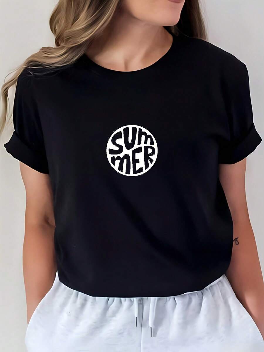 Camiseta de verano para mujer con cuello redondo y estampado, de 200g, moderna y casual de manga corta, adecuada para salidas familiares, regalos de cumpleaños y vestimenta de equipo de oficina, perfecta para las próximas vacaciones y uso diario. Camiseta de manga corta cómoda y versátil. - Negro - Ver 1