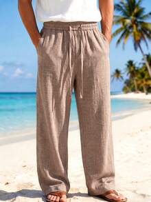 1pc Brown Faux Linen Textured Men's Long Pants, Men's Textured Wide Leg Long Pants, Men's Pants, Lightweight Breathable Fabric Loose Casual Fit, Vacation Style, Summer Beach Men's Casual Pants, Machine Washable, Suitable For Daily, Vacation, Beach And Multiple Occasions - Coffee Brown - View 3