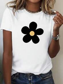 Women's Loose-Fitting Short-Sleeved T-Shirt, Suitable For All Seasons - Casual Top With Simple Floral Print, Machine Washable For Comfortable Everyday Wear, Ideal For Going To Work, The Office, Vacation And Various Occasions, A Versatile Must-Have Item For All Year Round. - 白色 - 查看 1