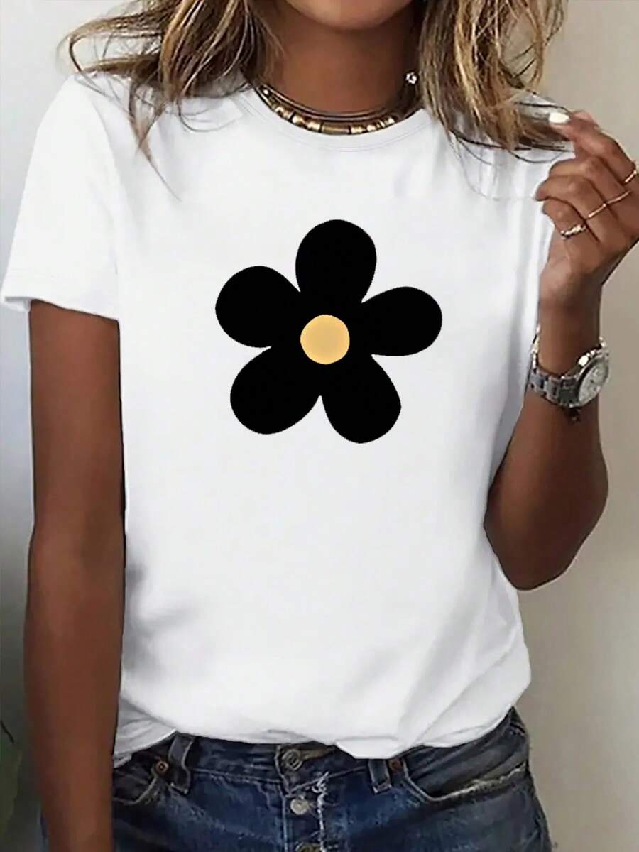 Women's Loose-Fitting Short-Sleeved T-Shirt, Suitable For All Seasons - Casual Top With Simple Floral Print, Machine Washable For Comfortable Everyday Wear, Ideal For Going To Work, The Office, Vacation And Various Occasions, A Versatile Must-Have Item For All Year Round. - 白色 - 查看 1