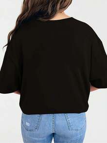 Plus Size Women's Winter Clothing, 1 Piece, Casual Style, Loose Fit, Women's T-Shirt With Fun "Push Hard, Rest Hard" Print For Dumbbell Workouts, Round Neck, Short Sleeve, Casual Fashion Top, Stylish Party Wear, Holiday Gift, Everyday Wear, Loungewear. Printed, Simple, Versatile, Loose Fit, Fitted Top With Round Neck. - 黑色 - 查看 3
