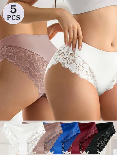 QUASTI 5pcs/Pack Women's Mid-Waist Lace Panties, Large Floral Lace Patchwork Design, Lightweight Soft Breathable Fabric, Essential Daily Wear Sexy Lace Underwear For Women
