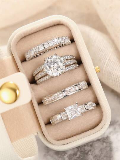 Bộ 4 chiếc nhẫn đá Cubic Zirconia thanh lịch kèm hộp quà, phù hợp cho nữ, thích hợp làm quà cưới, quà đính hôn, quà kỷ niệm, quà tặng ngày Valentine và nhiều dịp khác.
