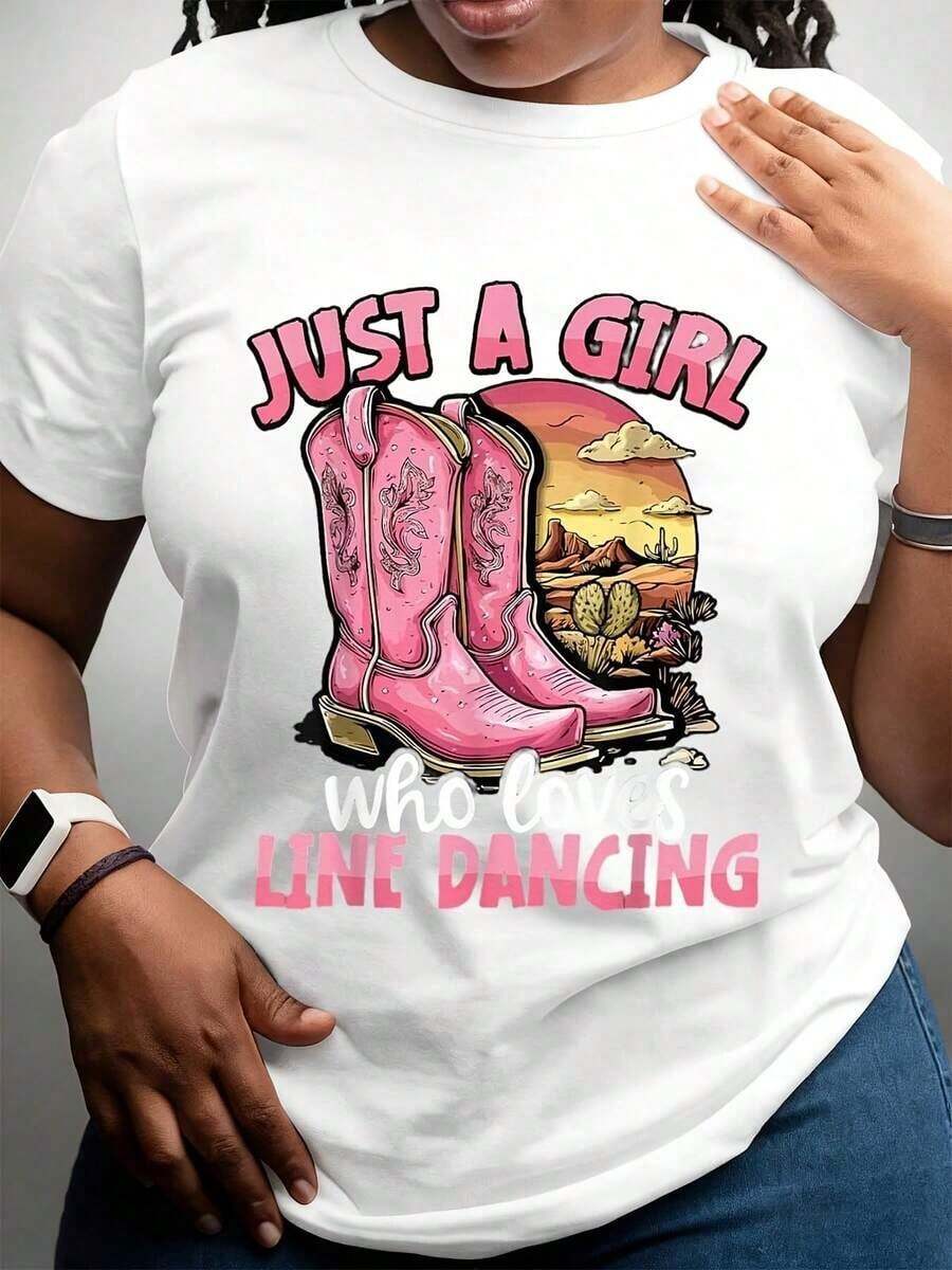 Women's Clothing Cowgirl Style Line Dancing T-Shirt For Women, Pink Boots And Desert Scene Print With "Just A Girl Who Loves Line Dancing" Text, Clothing For Country Western Parties, Festivals, Summer Outfit, Perfect Gift For Mom, Women's Shirts - 白色 - 查看 1