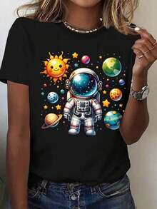 Unique Astronaut T-Shirt, Y2K Colorful Design With Galaxy And Sun, Ideal For Space Lovers. Modern Style, Comfortable And Fashionable, Available In Various Sizes. Perfect For Any Occasion And To Highlight Your Personality. - Black - View 1