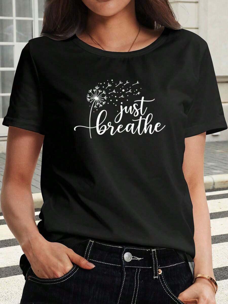 Women's "Just Breathe" Print T-Shirt - Short Sleeve Crew Neck Top With Medium Stretch Fabric, Relaxed Fit Casual Blouse For Spring, Summer And Autumn, Machine Washable Casual Wear - Non-Breathable T-Shirt (Just Breathe) Casual Blouses For Women - 黑色 - 查看 1