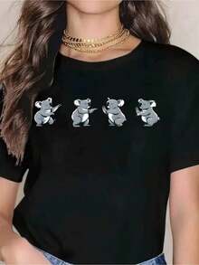 PremiumCute Women's Koala Cartoon T-Shirt - White T-Shirt With Fun Animal Print, Casual Summer Top, Perfect Gift For Animal Lovers And Birthday Celebrations. Gift Idea. - 黑色 - 查看 7