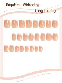 24pcs Short Square Minimalist Nude Color Nail Stickers, White French Manicure Stickers, Full Coverage Fake Nails Suitable For Women & Girls, Summer Party Office Daily Wear, Includes 1 Adhesive Sheet & 1 Mini Nail File, Random Jelly Gel - White - View 2