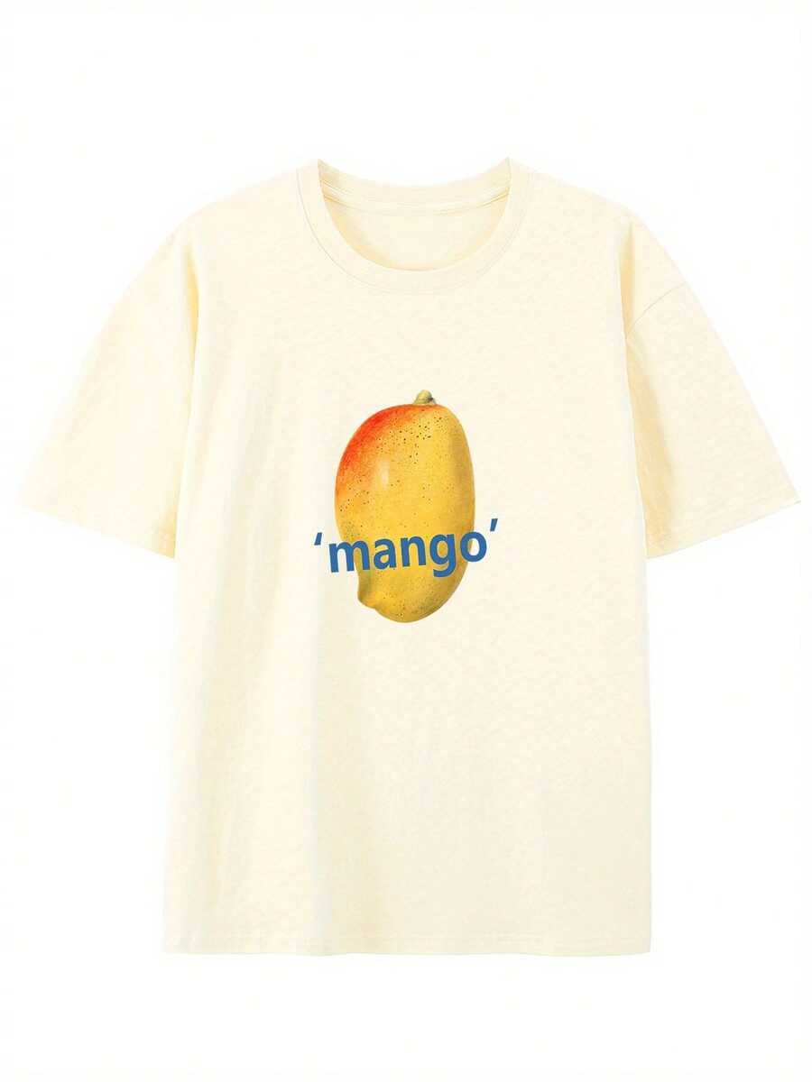Great Mango! Round Neck T-Shirt With Creative Design, Fashionable Short Sleeves For Summer, Casual Top For Everyday Style - Apricot - View 1