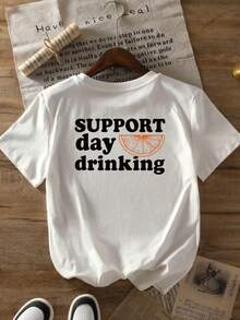 Women's "Support Daily Drinks" T-Shirt With Lemon And Vodka Inspired Print By SimpieAndVersatileDesign - Korean-Style Short-Sleeve Summer T-Shirt With Orange And Lime Slice Designs, Comfortable Casual Crew Neck T-Shirt, Suitable For Beach Parties, Barbecues, And Everyday Wear. Cotton T-Shirt. - 白色 - 查看 7