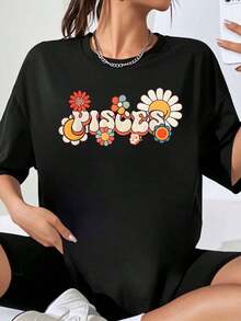 Women's Oversized White T-Shirt With Pisces Zodiac Sign Graphic, Casual Urban Style, Summer Fashion Top - 黑色 - 查看 7