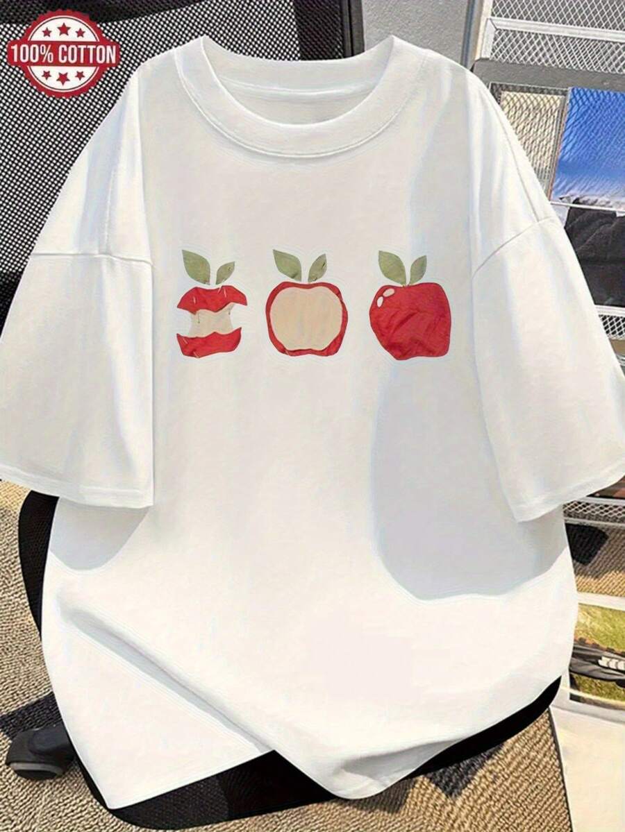 Women's Korean Style Short Sleeve T-Shirt, Modern And Minimalist - Cute Apple Print With Cherry Tomato And Heart-Shaped Leaf Design, Lightweight White Blouse, Suitable For Spring, Summer And Autumn, Casual Korean Style T-Shirt (Apple Red And Green) For Daily Wear. - 白色 - 查看 1