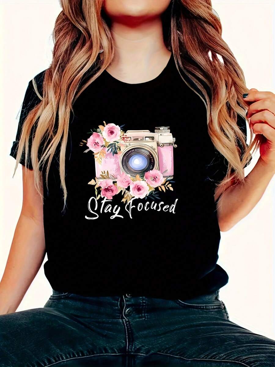 Women's Plus Size Cotton Crew Neck Casual T-Shirt, Casual Sports Tee, Floral Camera Print, Comfortable And Fitted Short Sleeve T-Shirt, And Breathable Casual Top. Simple T-Shirt For Everyday Wear. - 黑色 - 查看 1