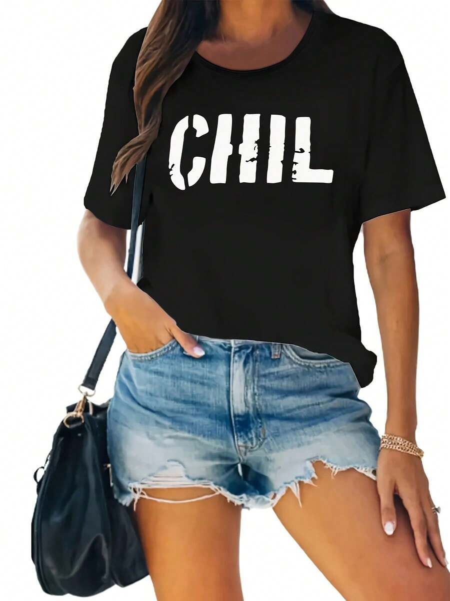 Women's Cotton T-Shirts With Round Neck, Casual Style, Plus Size, Loose Fit, Letter Print CHIL - Comfortable Casual Top In Light Gray, Soft And Breathable Fabric, Suitable For All Seasons, Machine Washable, Daily Use, Pullover Style With Medium Elasticity. - 黑色 - 查看 1