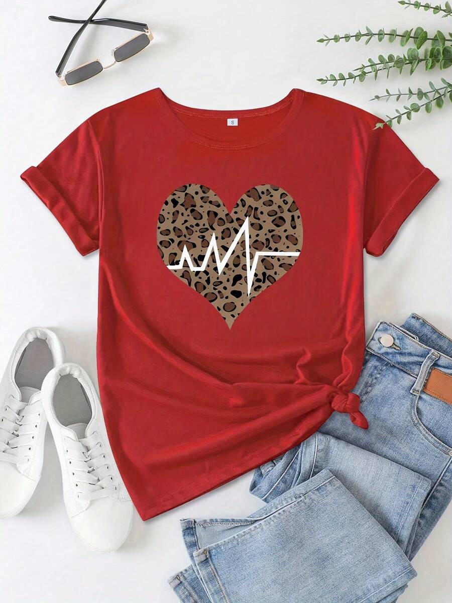 Women's Casual Cotton T-Shirt With Round Neck - Leopard Print With EKG Heart-Shaped Line Art - Loose Fit, Short Sleeves, Round Neck, Medium Elasticity Breathable Fabric, Suitable For Plus Sizes, Machine Washable, Comfortable For Everyday Wear, Fun Print T-Shirt, Soft Texture. - 紅色 - 查看 1