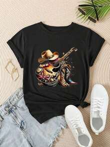 Women's Casual Short Sleeve T-Shirt - Guitar, Cowboy Hat, Boots, Stars, Flowers And Leopard Print, Round Neck, Summer Top, Machine Washable, Ladies' T-Shirts, Casual Wear, Modern Style, Comfortable Fit
Mrs. Black's Cool Summer Clothes - 黑色 - 查看 2