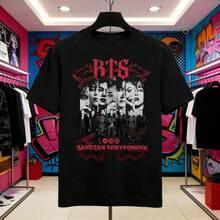 Bangtan Sonyeondan Anime T-Shirt, Retro Urban Punk Style,  Unisex T-Shirt, New Casual T-Shirt, Short Sleeve Round Neck, Blouses For Women, Blouses, Casual Blouses For Women, Tops For Women, Tops, Unisex. - 黑色 - 查看 1