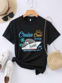 100% Cotton Summer T-Shirt For Women/Men [Personalized Product] Customization With A Carnival Boat Design And Your Desired Text, 100% Cotton T-Shirt, Personalized Name Design T-Shirt. Women's Simple Solid Color T-Shirt, Loose And Slim Fit Casual Short Sleeve - 黑色 - 查看 2