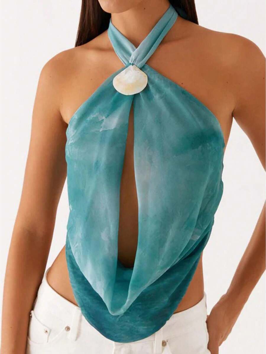 Women's Summer Halter Tank Tops Contrast Color Sleeveless Cutout Front Backless Cropped Vest For Party - 藍色 - 查看 1