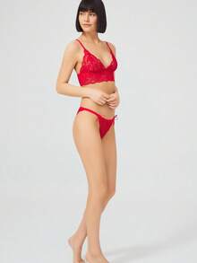 Lace Transparent Wireless Women's Bra Set, Top And Bottom - Red - View 4