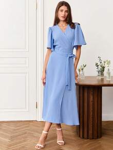 French Maxi Dress With V-Neck, Tie And Fitted Waist, Spring Summer 2026 - Biru - View 7