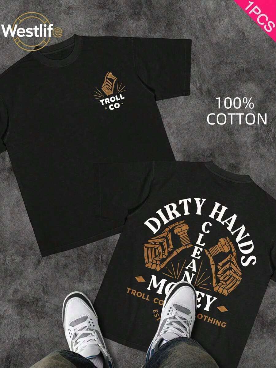 Cute Unisex Premium Casual T-Shirts, Men's Graphic Tee, Dirty Hands Clean ❤️ Money Daily Wear 100% Cotton Unisex Gift Idea For Him Or Her Urban Fashion Top - 黑色 3 - 查看 1
