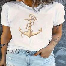 2026 New Cotton Shirt - 100% Cotton. One-Piece Classic And Versatile Short-Sleeved Cotton T-Shirt With A Marine Anchor Design For Women, Suitable For All Seasons, Modern Style. Simple Solid Color Women's T-Shirt, Loose And Fitted Cut, Casual Short-Sleeved. - 白色的 - 查看 3