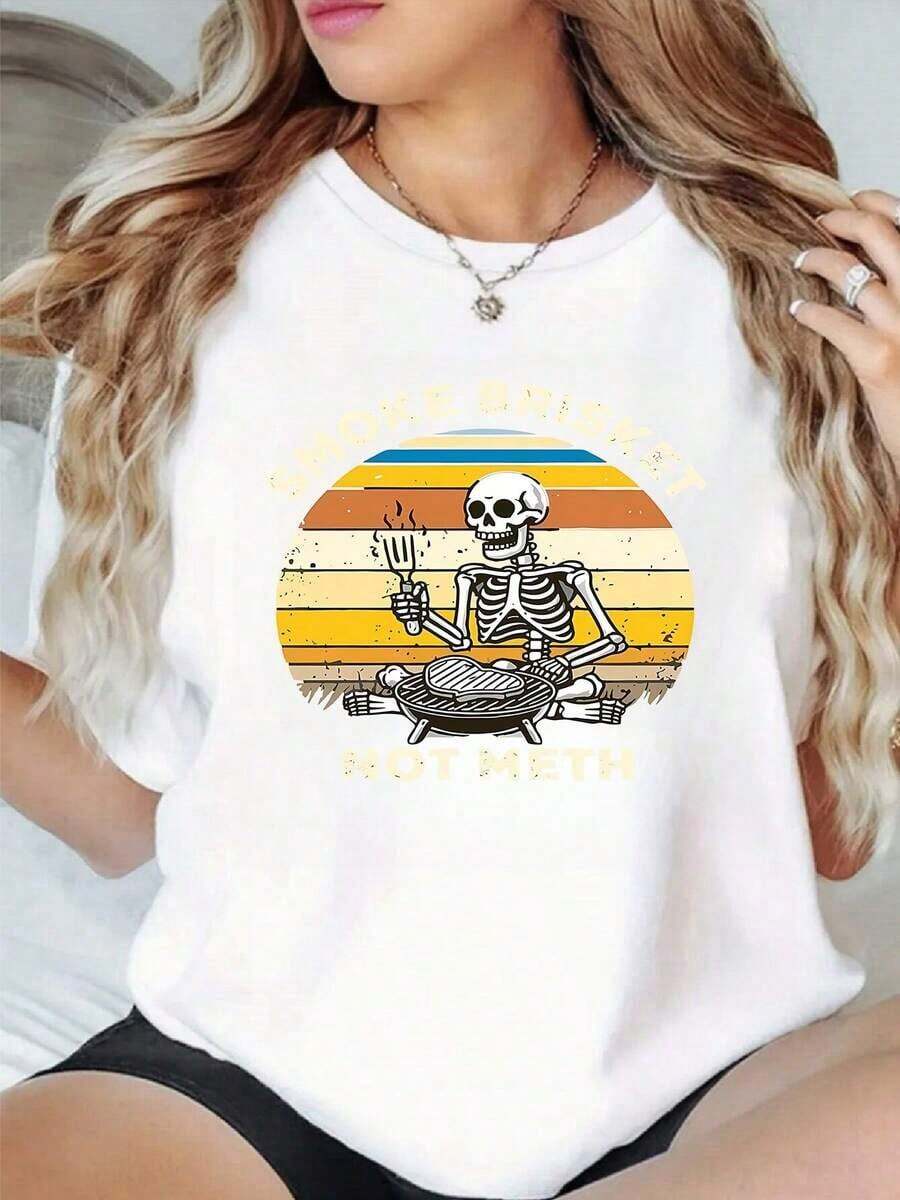 100% Cotton. Funny Skeleton Graphic Grilling Meat With A Humorous Message Celebrating The Love Of Grilling And The Relaxed Life. Women's Casual Comfortable T-Shirt. 100% Cotton. Women's Simple Solid Color T-Shirt, Loose And Slim Fit Casual Short Sleeve - 白色的 - 查看 1