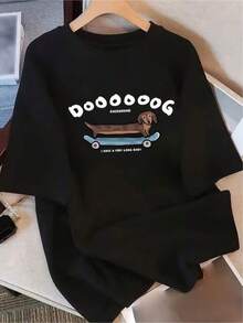 New 2026 Women's T-Shirts, Couple T-Shirts, Funny Dachshund T-Shirt, Original Design, Long Dog Print, Casual Unisex Soft Cotton Short Sleeve, Suitable For Pet Lovers, Black, Contemporary Fashion, Ideal Gift - 黑色 - 查看 1