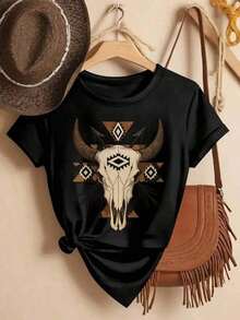 [Denim Print/Imitation Denim] Women's Old West Cowgirl Style T-Shirt With Denim Print - Short Sleeve, Crew Neck, Casual Top With Horse Graphic, Soft And Stretchy Fabric (Cow Print) - 彩色 - 查看 1