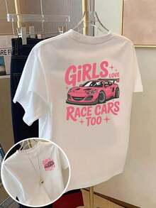 Premium Graphic T-Shirt With Front And Back Print, Short Sleeve Fashion, Summer Essential, For Racing Car Lover Girls, Pink Sports Car Print, Round Neck, Casual Top For Women - Women's Clothing, Comfortable Fit, Classic Design, Timeless Regular Cut - 白色 - 查看 7